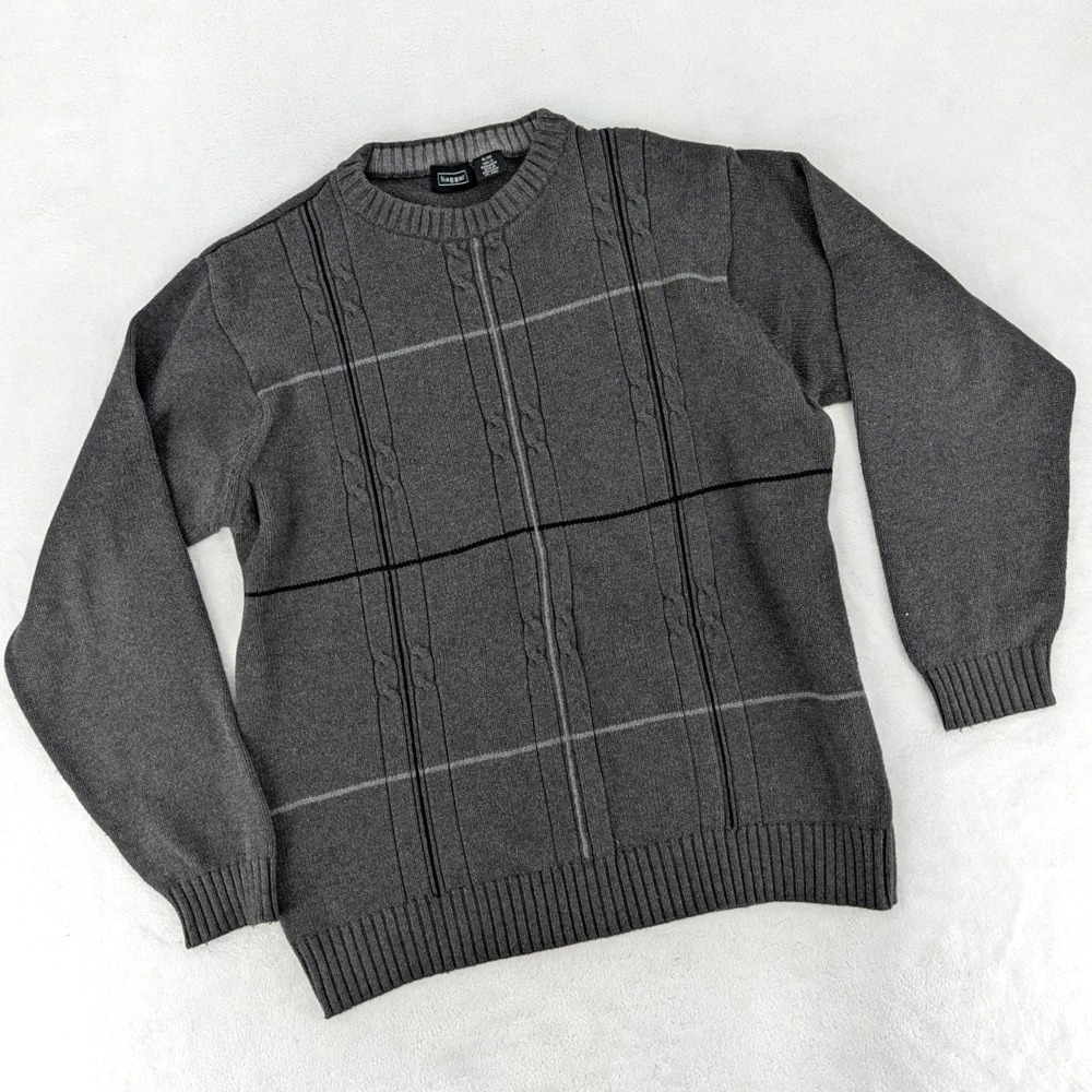 Haggar Dadcore Crewneck Sweater Gray Cable Knit Windowpane Pattern Dad